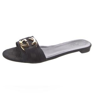 GUCCI BLACK & GOLD GG LOGO FLATS; Blondie cloth sandal